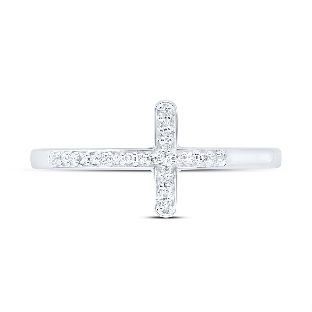 10kt White Gold Womens Round Diamond Cross Religious Band Ring 1/20 Cttw
