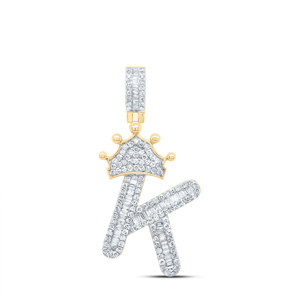 10kt Yellow Gold Mens Baguette Diamond Crown K Letter Charm Pendant 5/8 Cttw