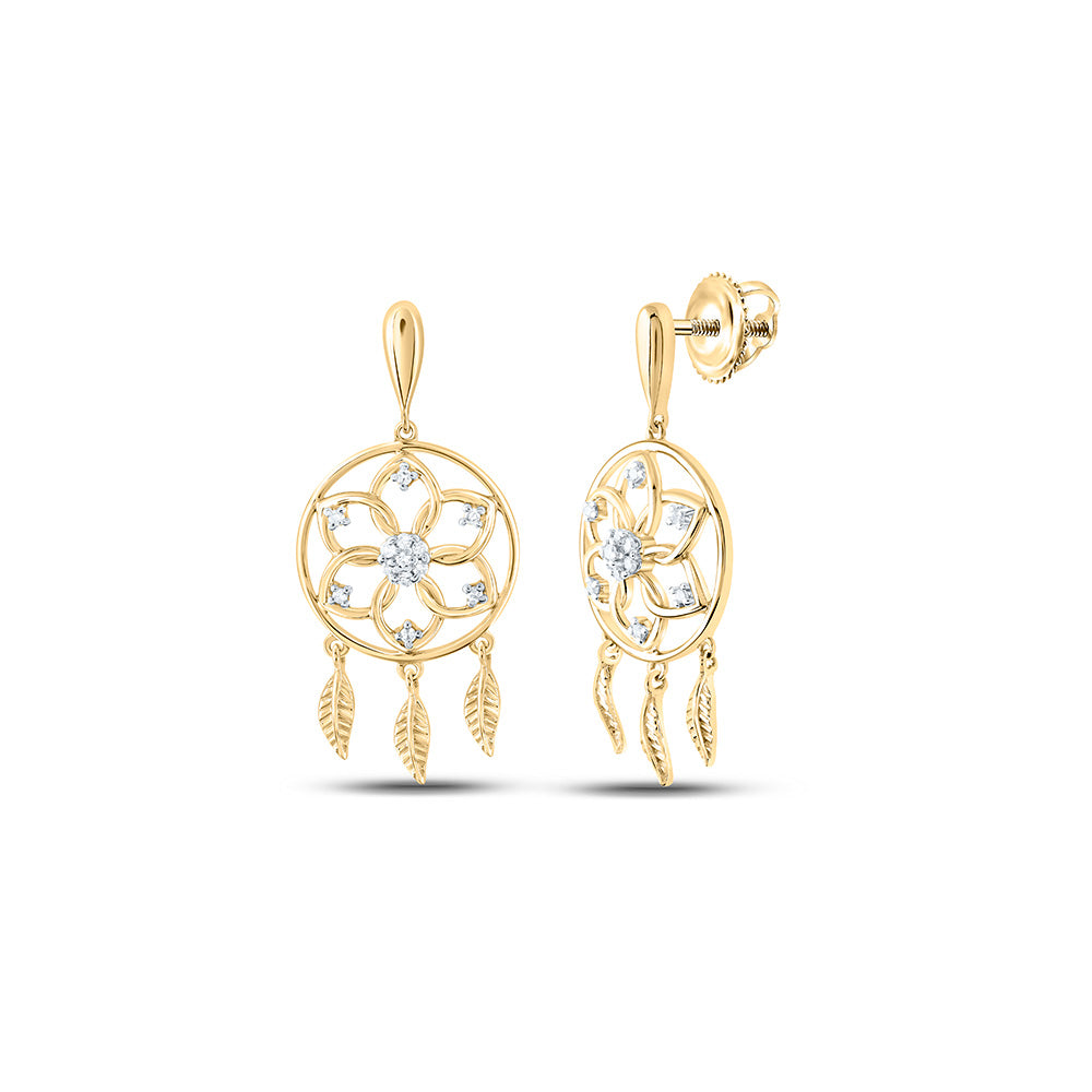 10kt Yellow Gold Womens Round Diamond Dream Catcher Dangle Earrings 1/10 Cttw
