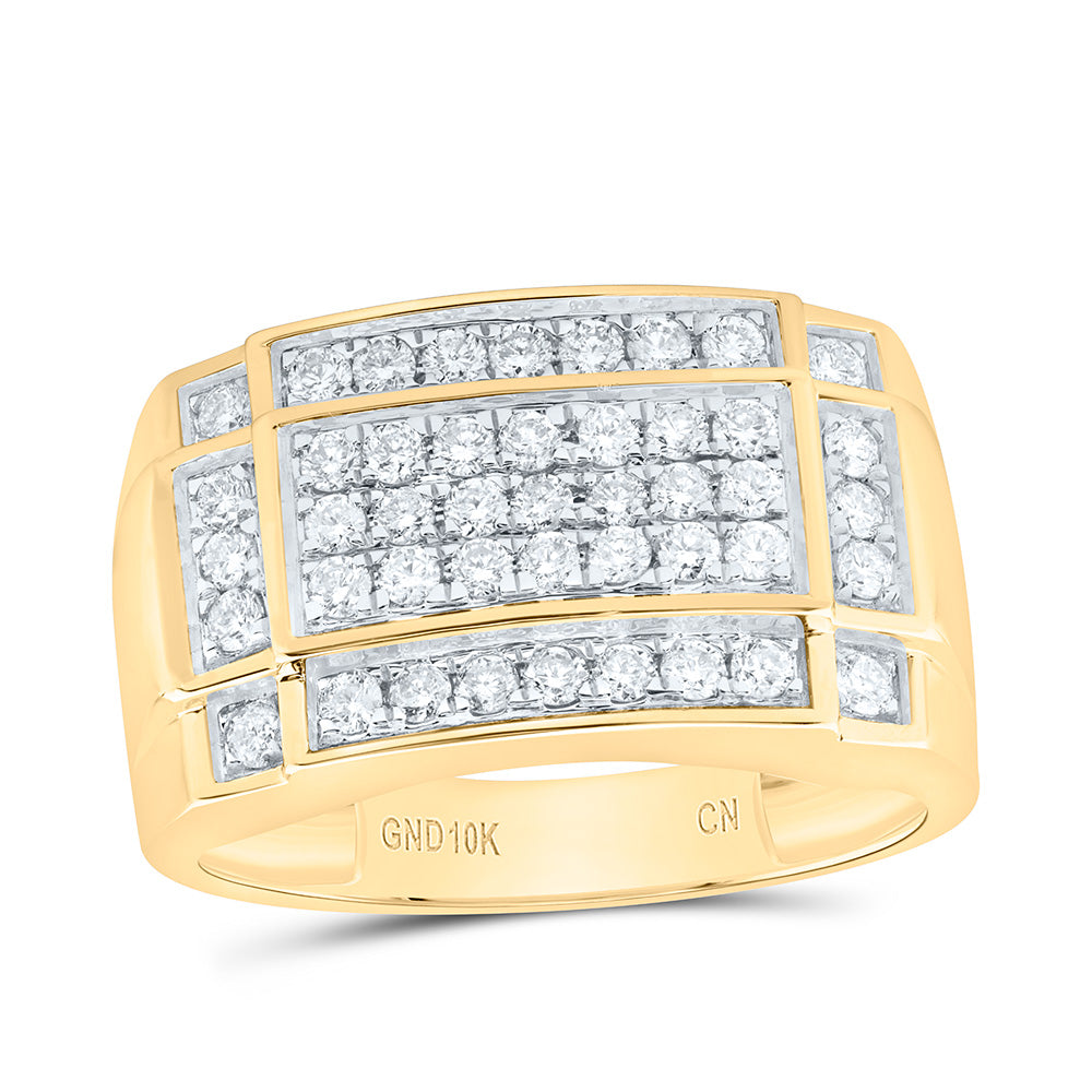 10kt Yellow Gold Mens Round Diamond Rectangle Cluster Ring 1 Cttw