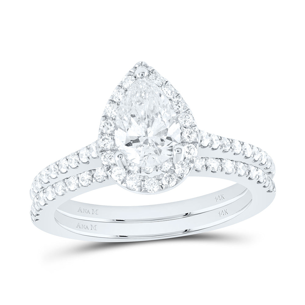 14kt White Gold Pear Diamond Halo Bridal Wedding Ring Band Set 1-1/2 Cttw