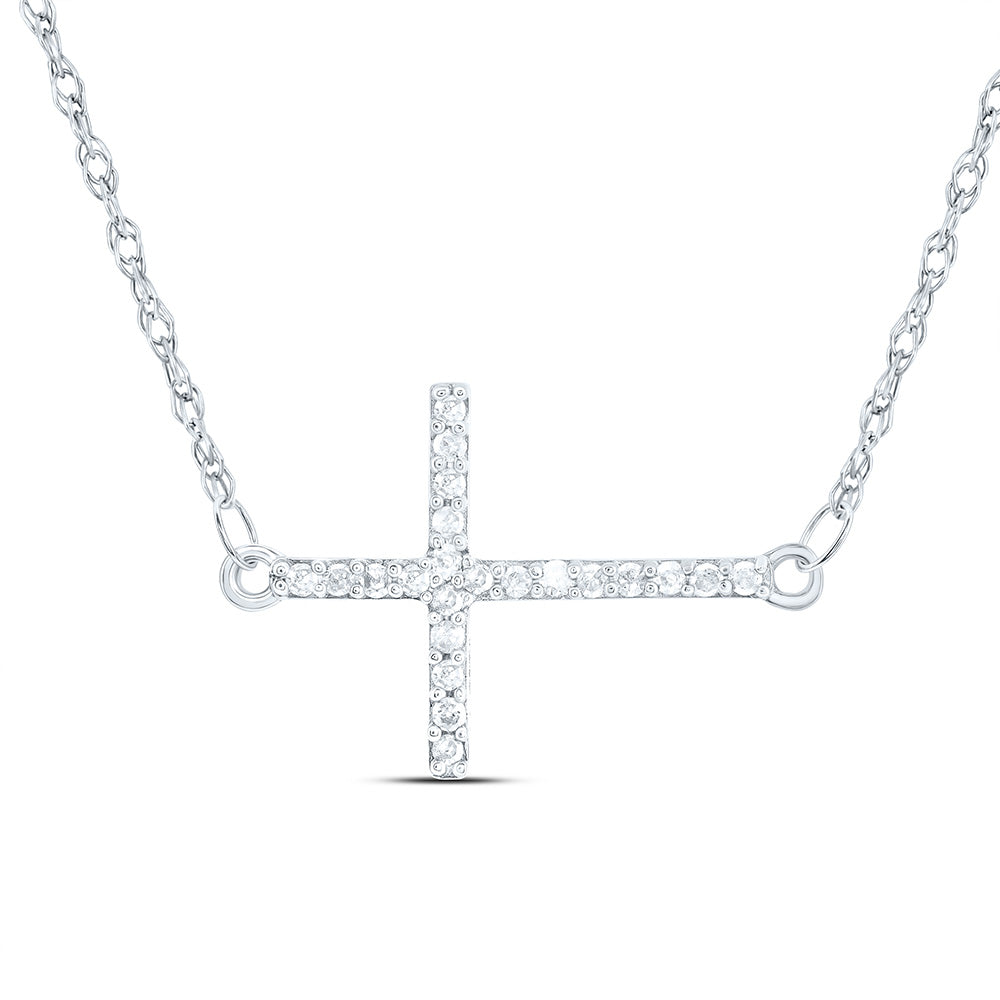 10kt White Gold Womens Round Diamond Horizontal Cross Necklace 1/20 Cttw