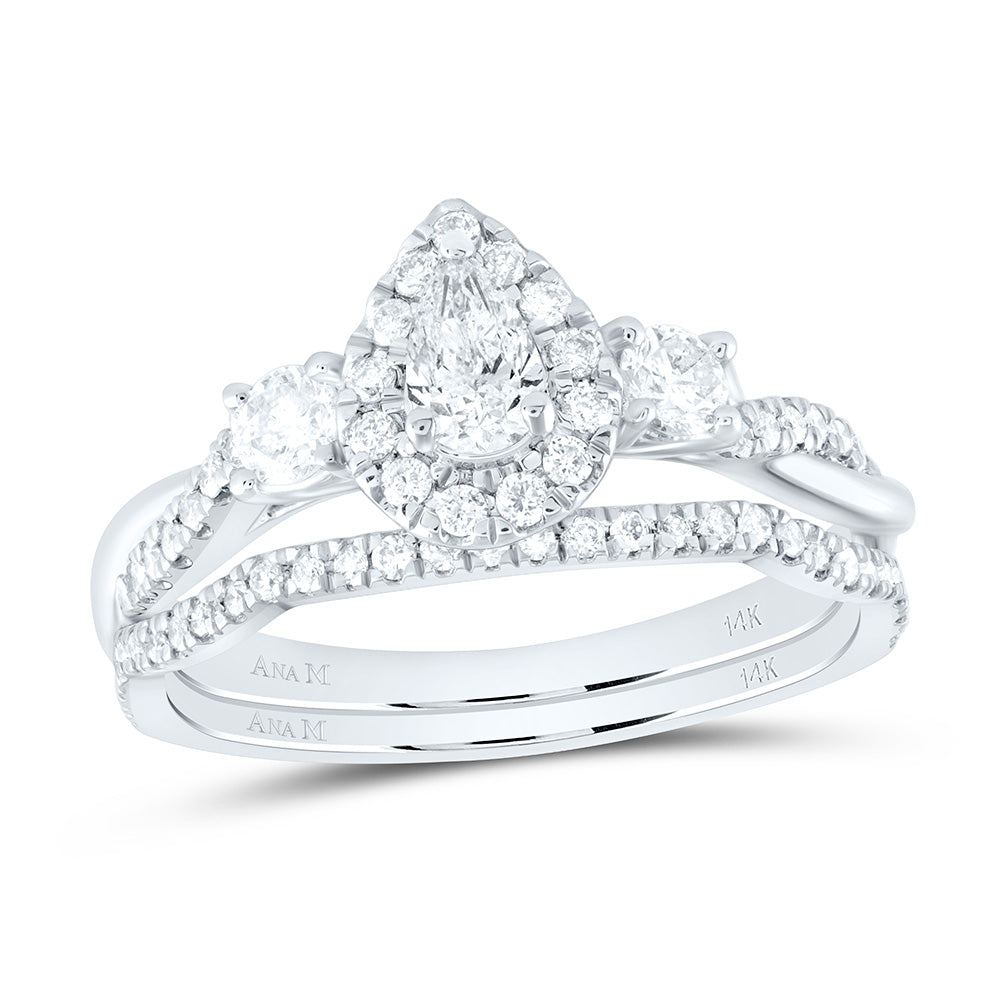 14kt White Gold Pear Diamond Halo Bridal Wedding Ring Band Set 3/4 Cttw