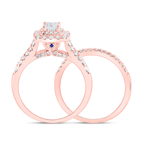 14kt Rose Gold Princess Diamond Halo Bridal Wedding Ring Band Set 1 Cttw