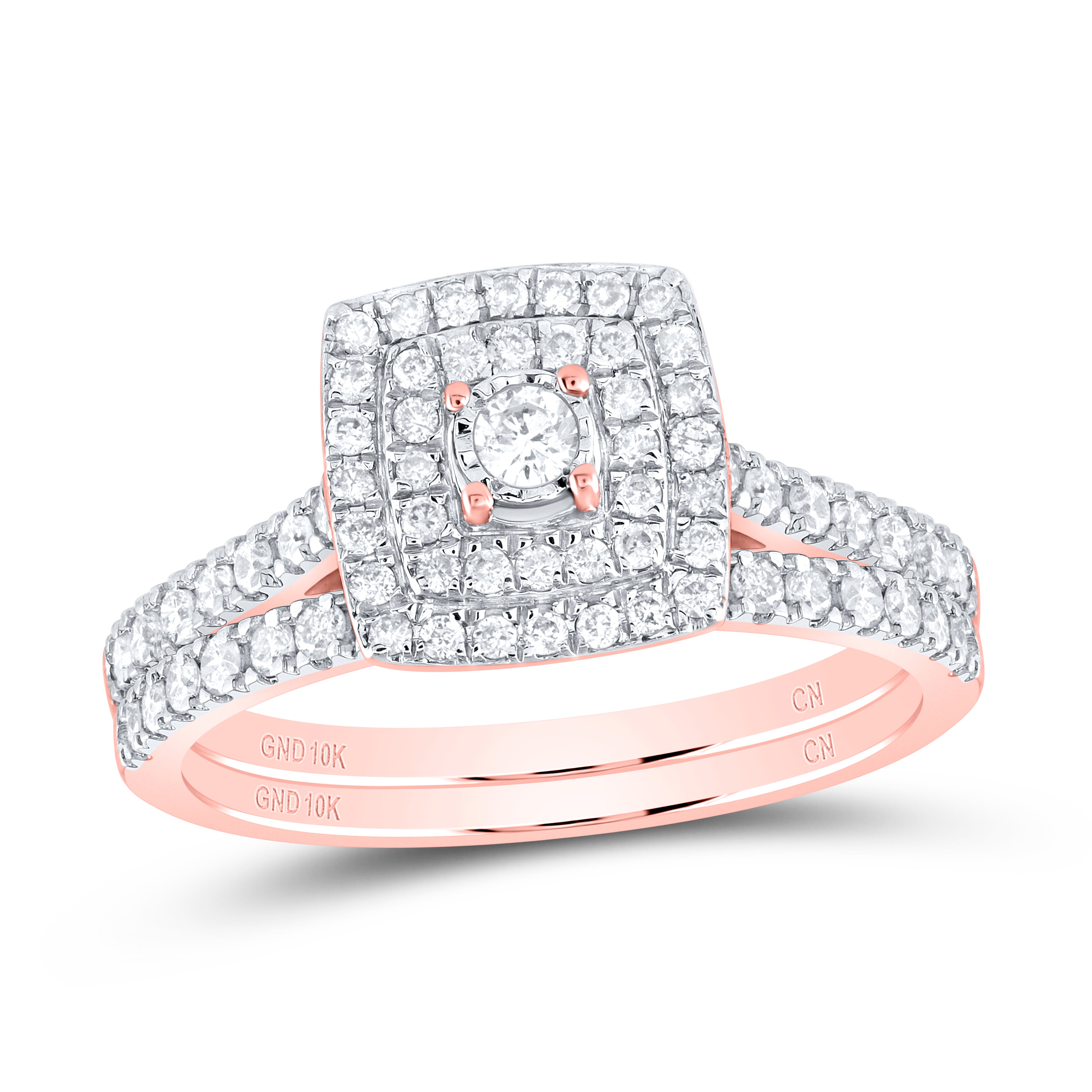10kt Rose Gold Round Diamond Halo Bridal Wedding Ring Band Set 1/2 Cttw