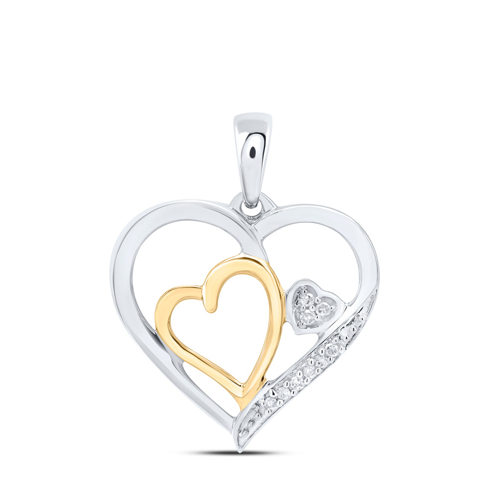Two-tone Sterling Silver Womens Round Diamond Heart Pendant 1/20 Cttw