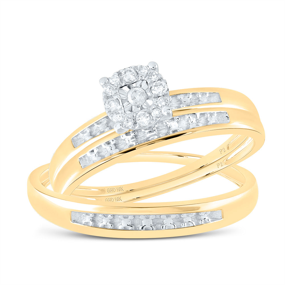 10kt Yellow Gold His Hers Round Diamond Solitaire Matching Wedding Set 1/12 Cttw