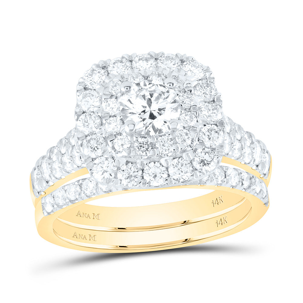 14kt Yellow Gold Round Diamond Halo Bridal Wedding Ring Band Set 2 Cttw