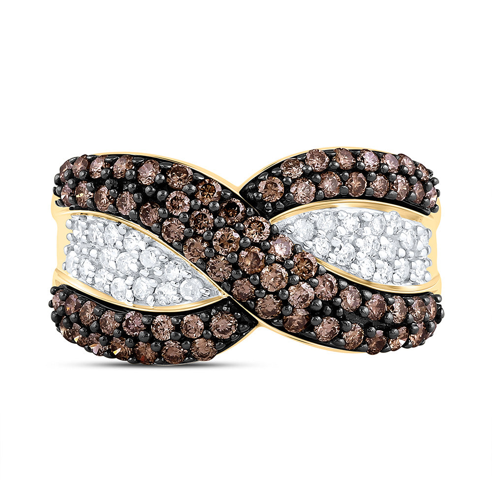 10kt Yellow Gold Womens Round Brown Diamond Crossover Stripe Band Ring 1 Cttw