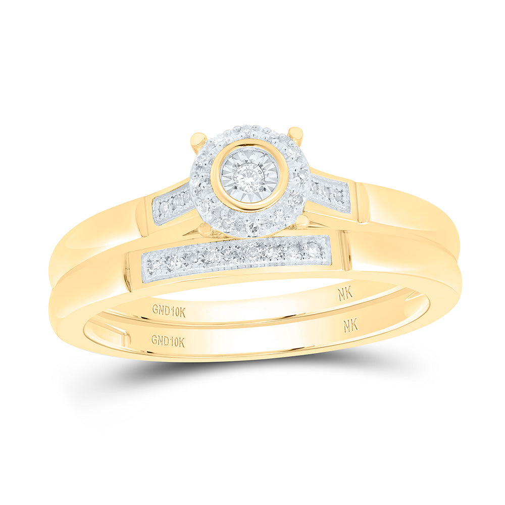 10kt Yellow Gold His Hers Round Diamond Halo Matching Wedding Set 1/10 Cttw