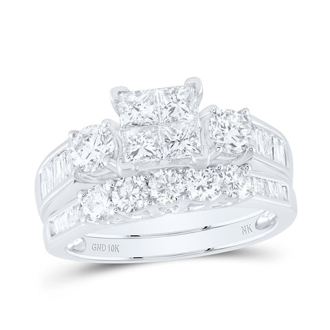 10kt White Gold Princess Diamond Square Bridal Wedding Ring Band Set 2 Cttw
