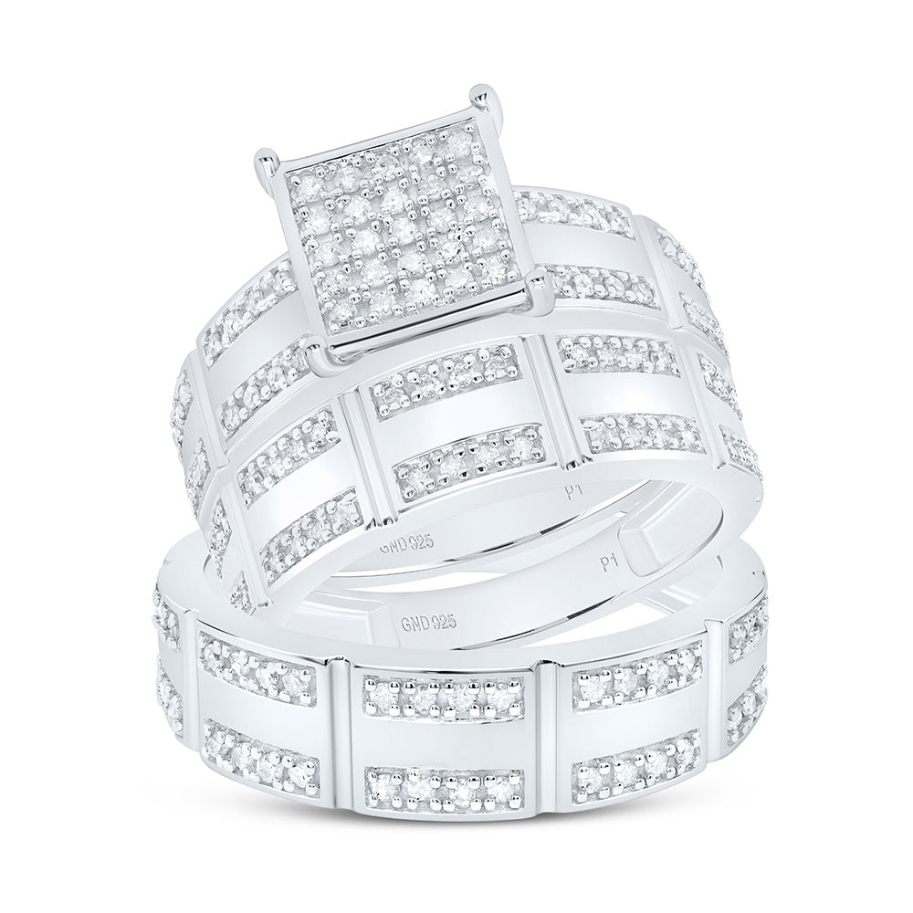 Sterling Silver His Hers Round Diamond Square Matching Wedding Set 1/2 Cttw