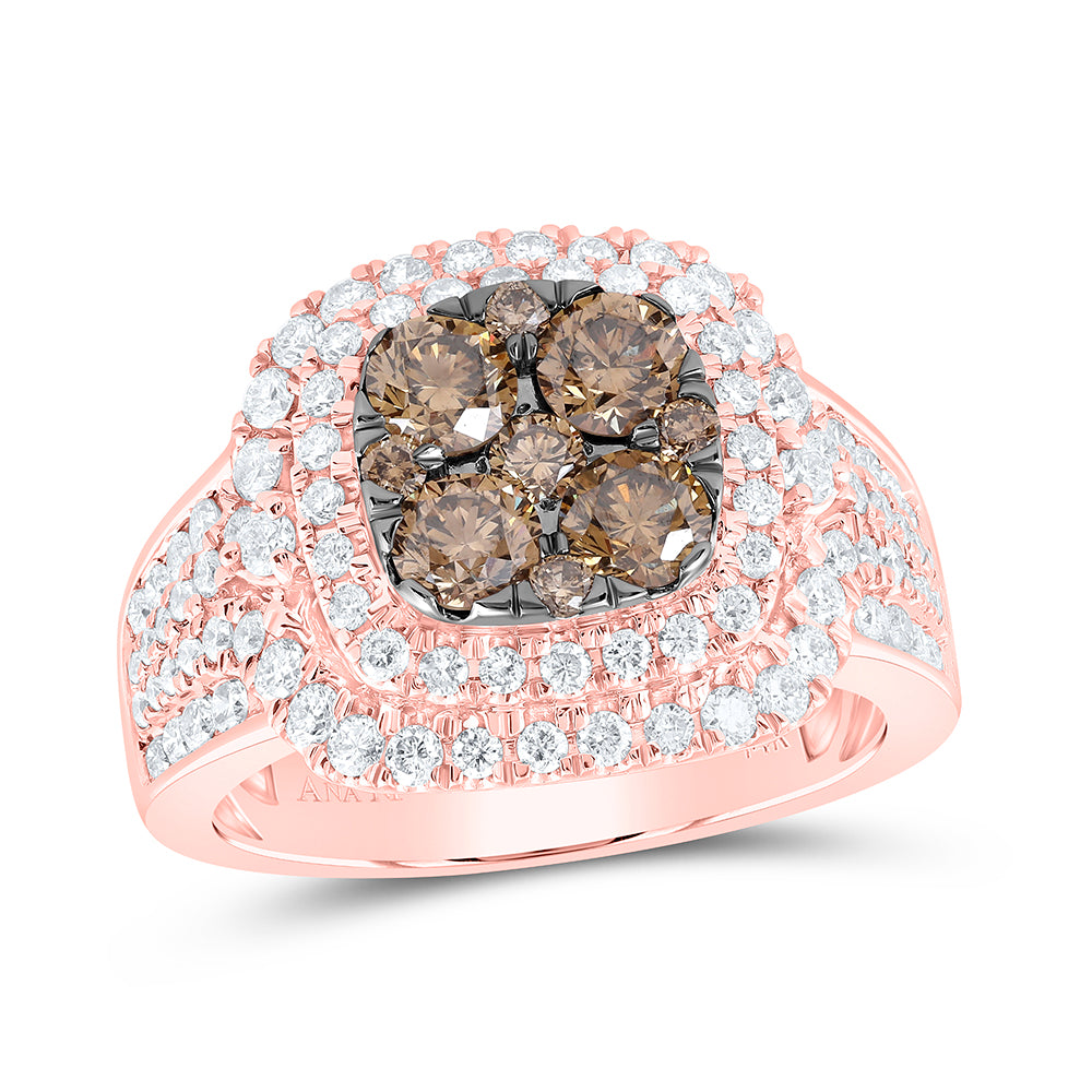 14kt Rose Gold Round Brown Diamond Cluster Bridal Wedding Engagement Ring 2 Cttw