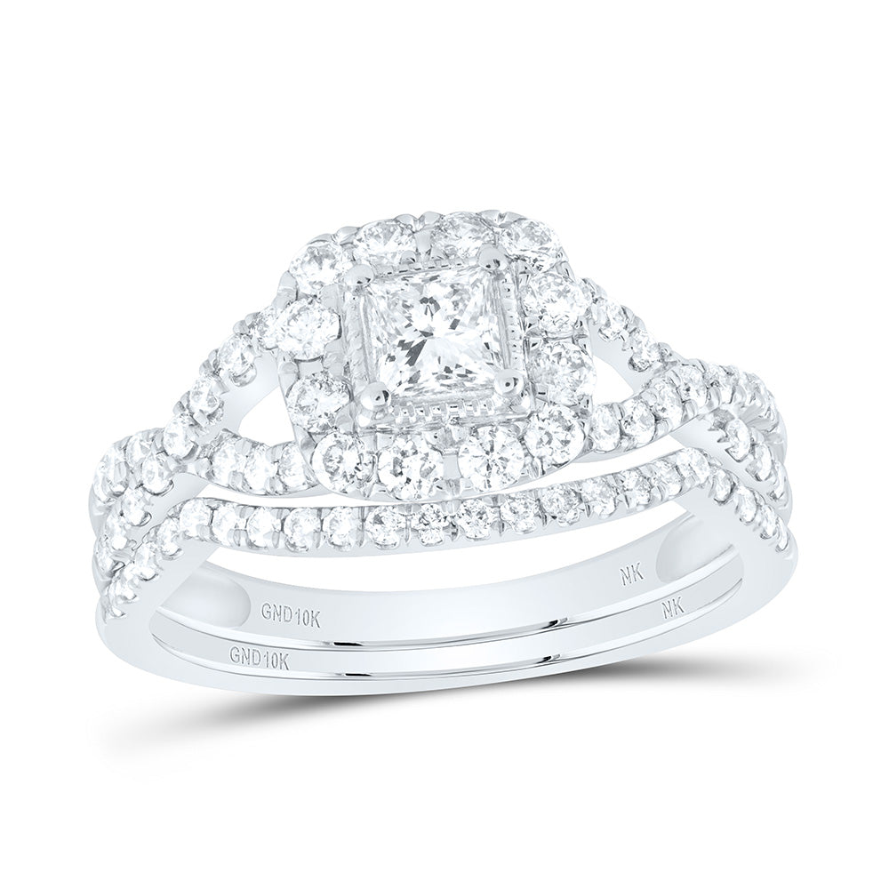 10kt White Gold Princess Diamond Halo Bridal Wedding Ring Band Set 1 Cttw