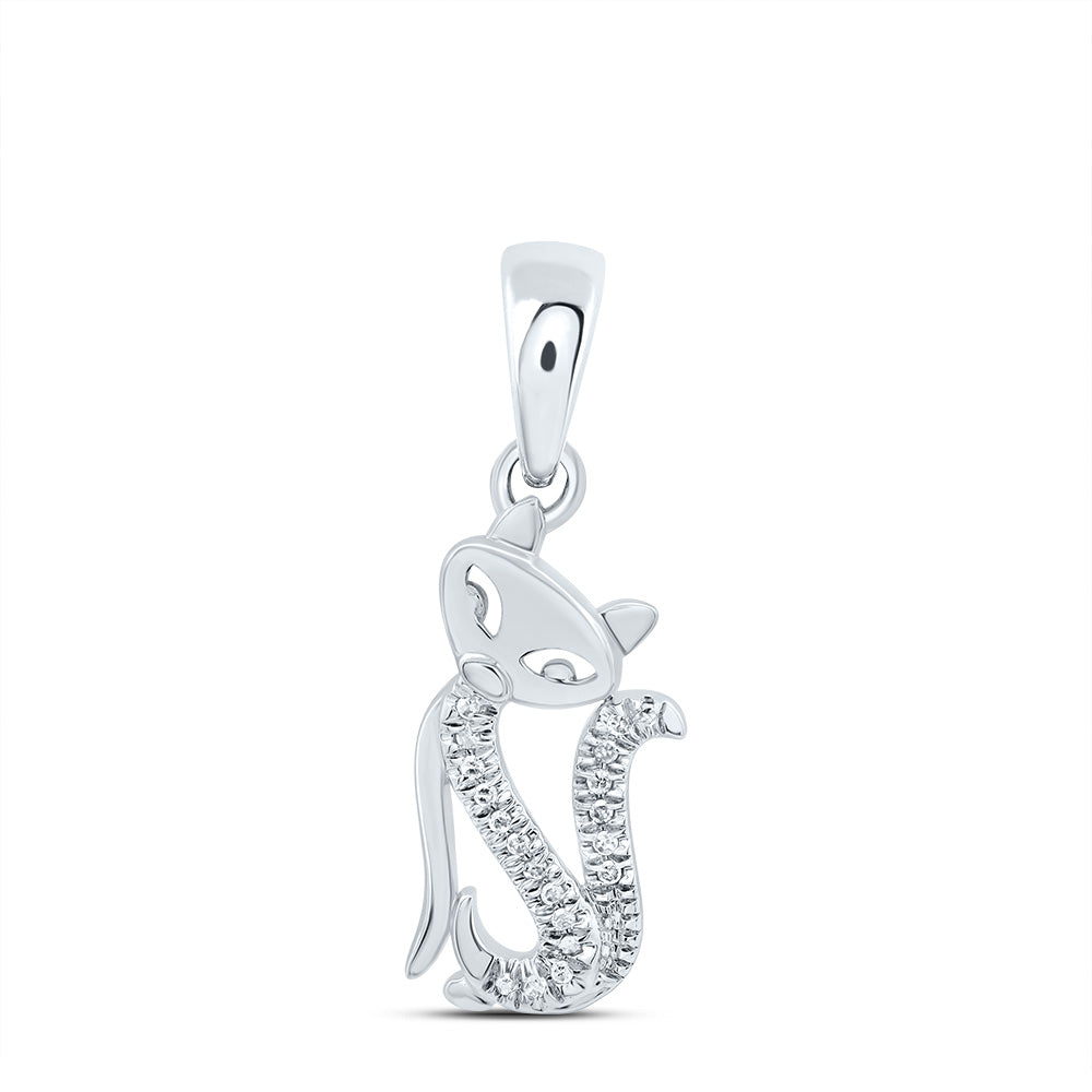 10kt White Gold Womens Round Diamond Kitty Cat Animal Pendant 1/20 Cttw
