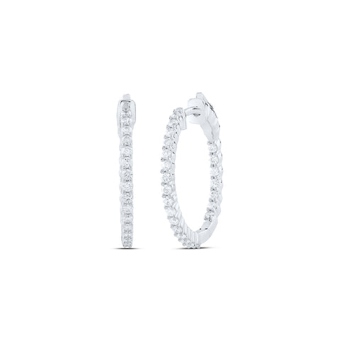 10kt White Gold Womens Round Inside Outside Diamond Hoop Earrings 1 Cttw