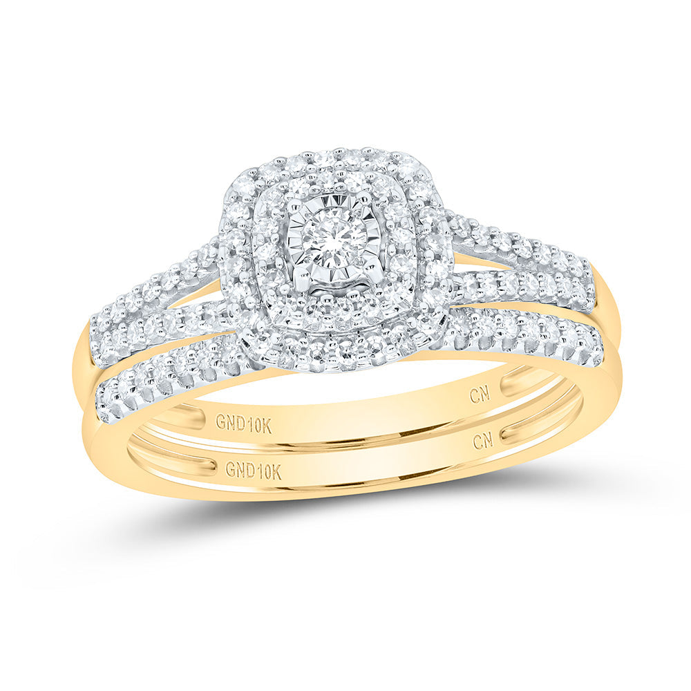 10kt Yellow Gold Round Diamond Halo Bridal Wedding Ring Band Set 1/4 Cttw
