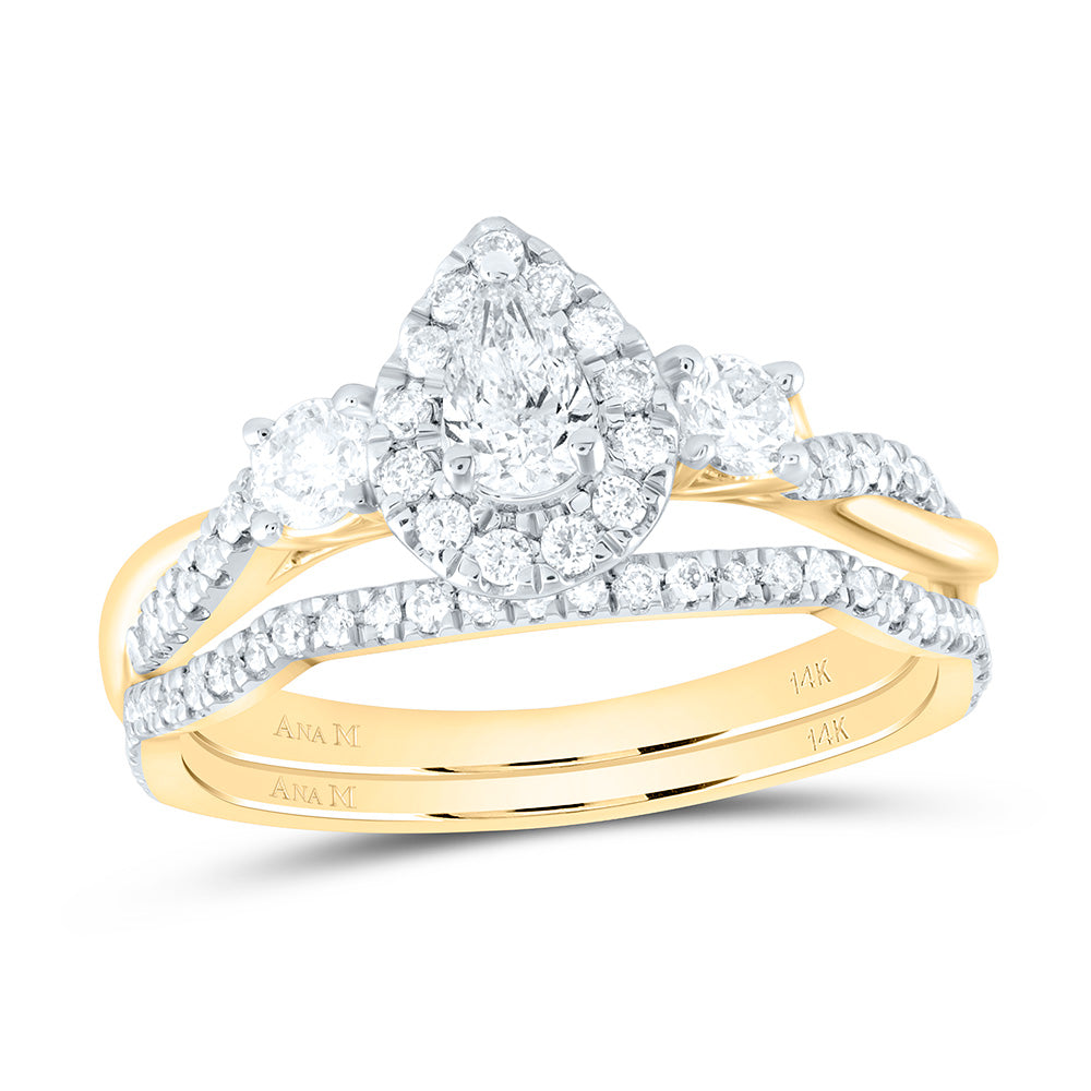 14kt Yellow Gold Pear Diamond Halo Bridal Wedding Ring Band Set 3/4 Cttw