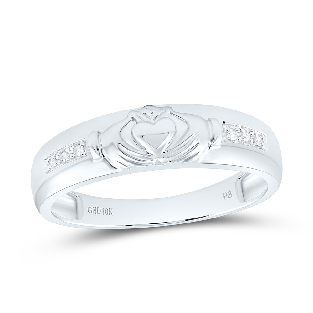 10kt White Gold His Hers Round Diamond Claddagh Matching Wedding Set 1/8 Cttw