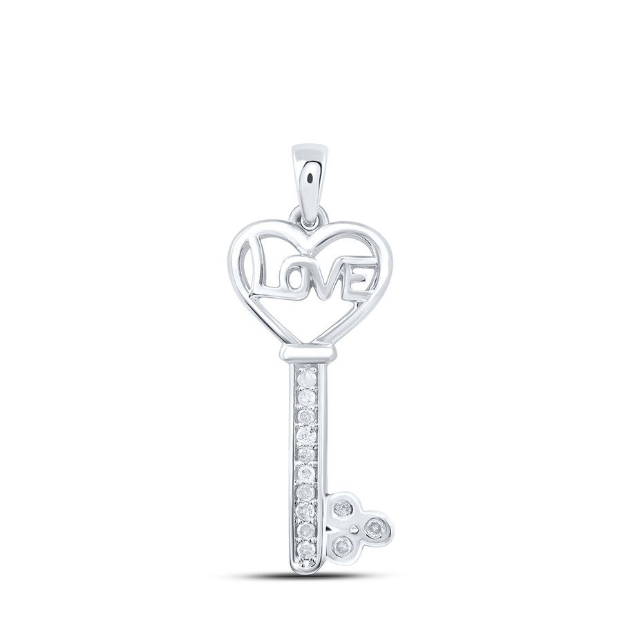 Sterling Silver Womens Round Diamond Love Key Pendant 1/10 Cttw