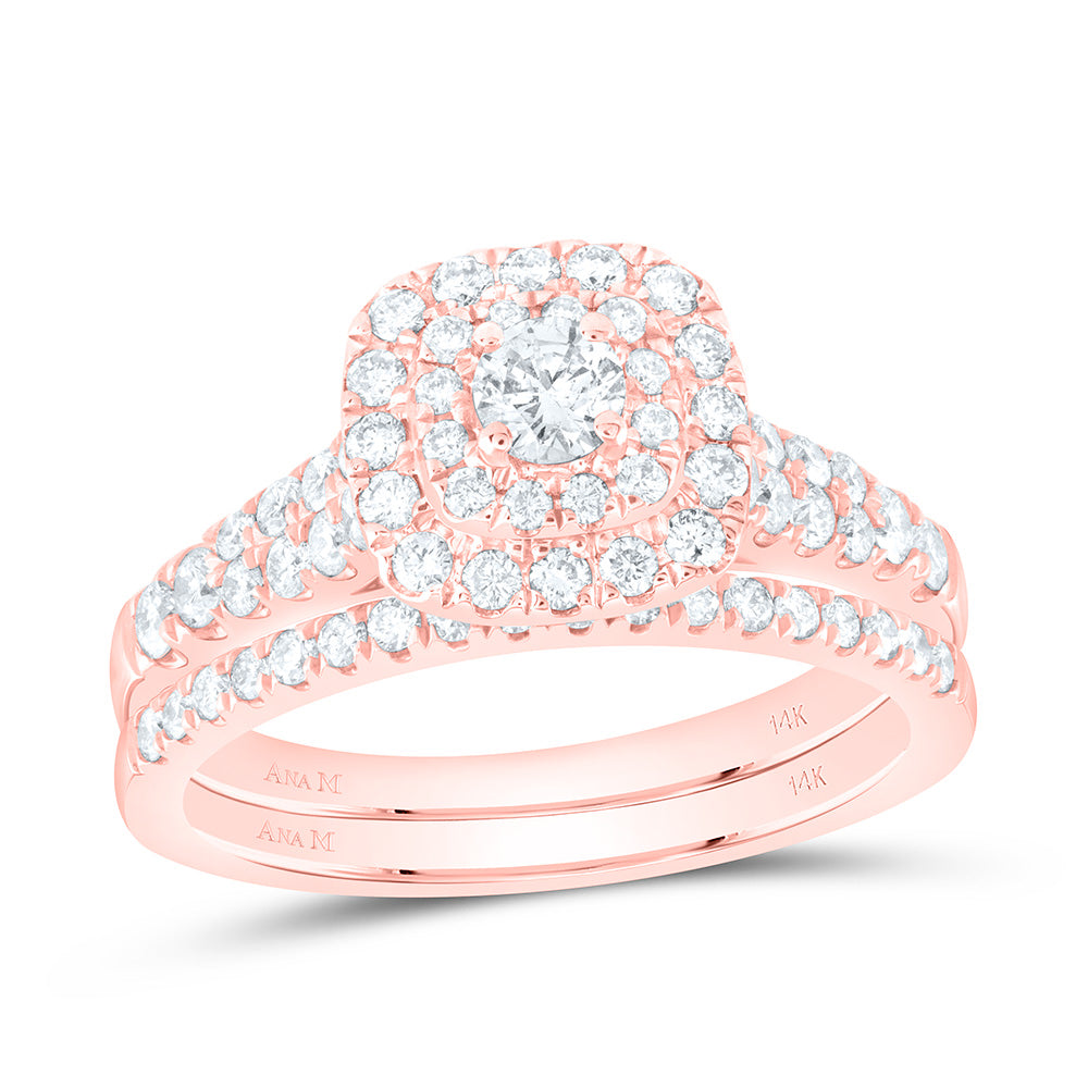 14kt Rose Gold Round Diamond Halo Bridal Wedding Ring Band Set 1 Cttw