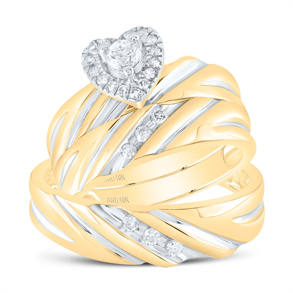 10kt Yellow Gold His Hers Round Diamond Heart Matching Wedding Set 3/8 Cttw
