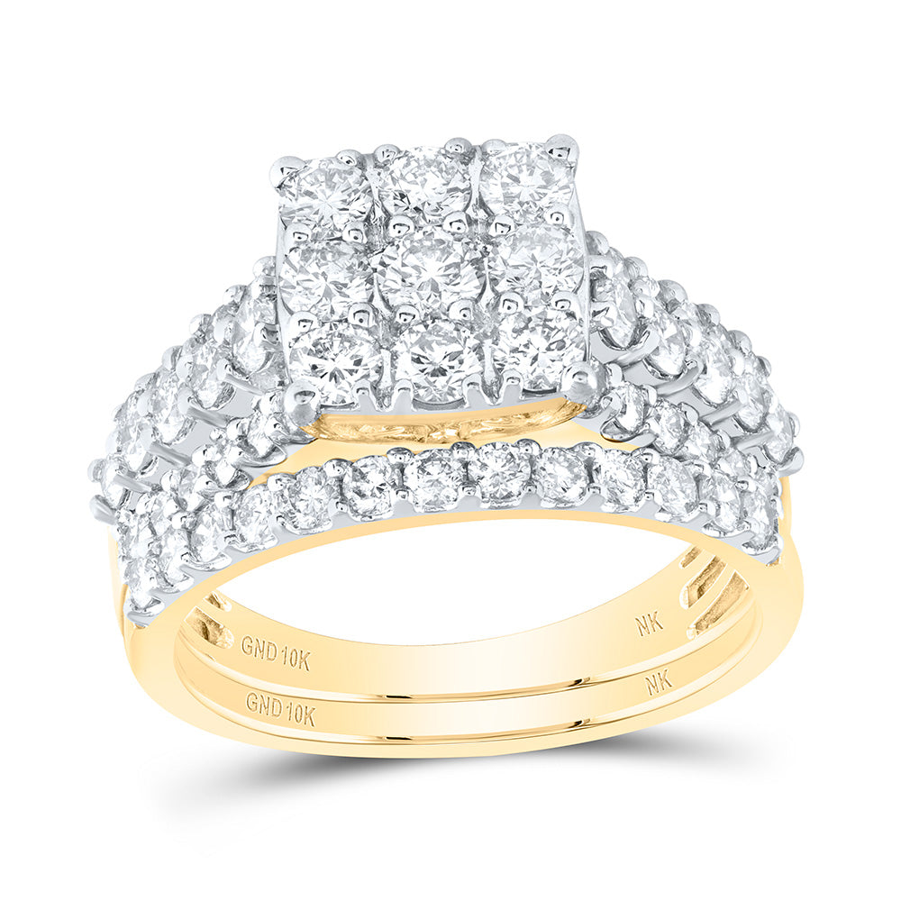10kt Yellow Gold Round Diamond Square Bridal Wedding Ring Band Set 2 Cttw