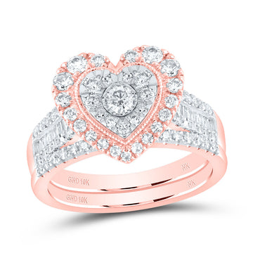10kt Rose Gold Round Diamond Heart Bridal Wedding Ring Band Set 7/8 Cttw