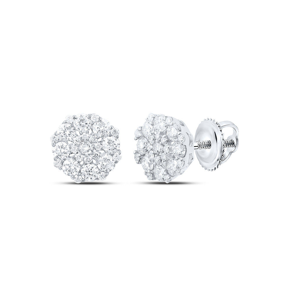 14kt White Gold Womens Round Diamond Octagon Cluster Earrings 7/8 Cttw