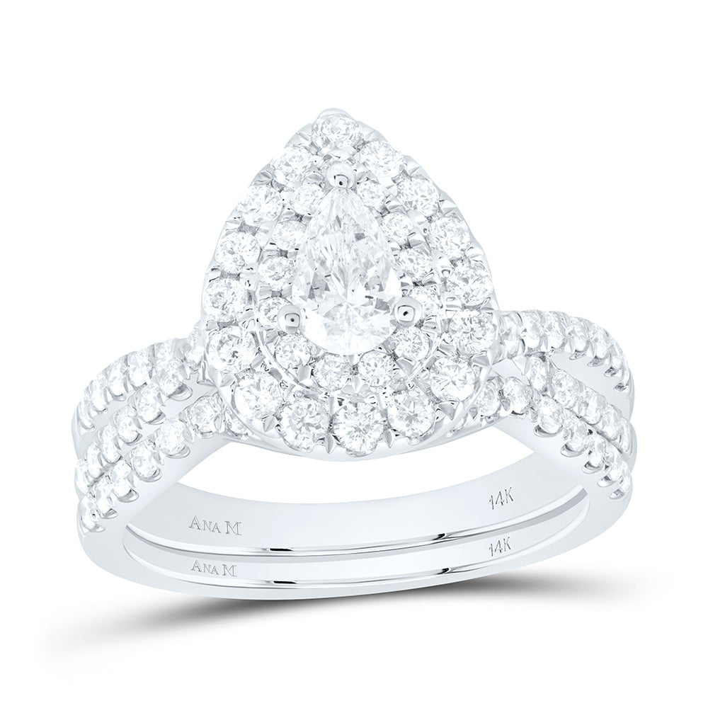 14kt White Gold Pear Diamond Halo Bridal Wedding Ring Band Set 1-1/2 Cttw