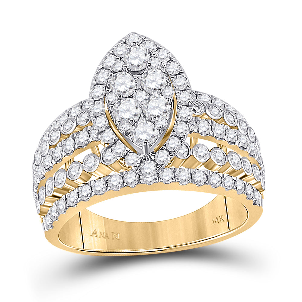 14kt Yellow Gold Womens Round Diamond Marquise-shape Cluster Ring 1-3/4 Cttw