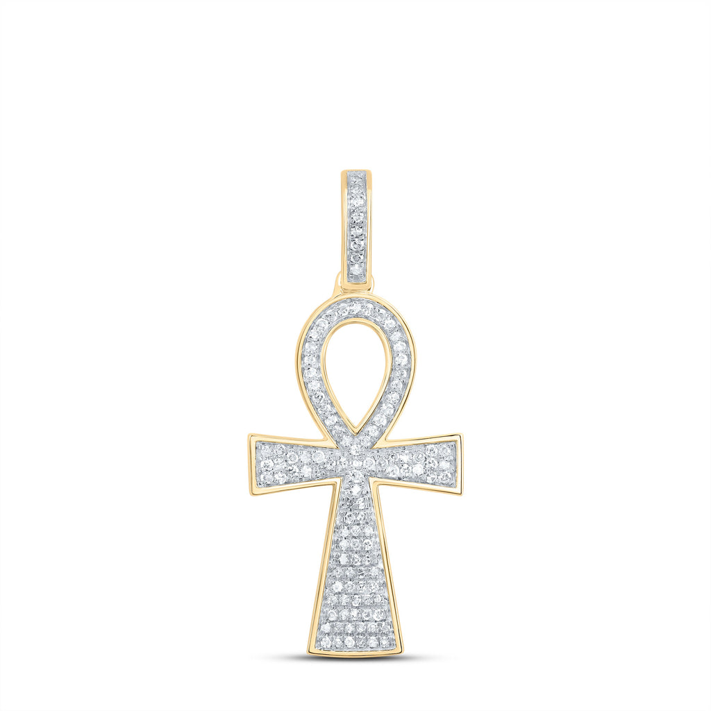 10kt Yellow Gold Mens Round Diamond Ankh Cross Charm Pendant 1/3 Cttw