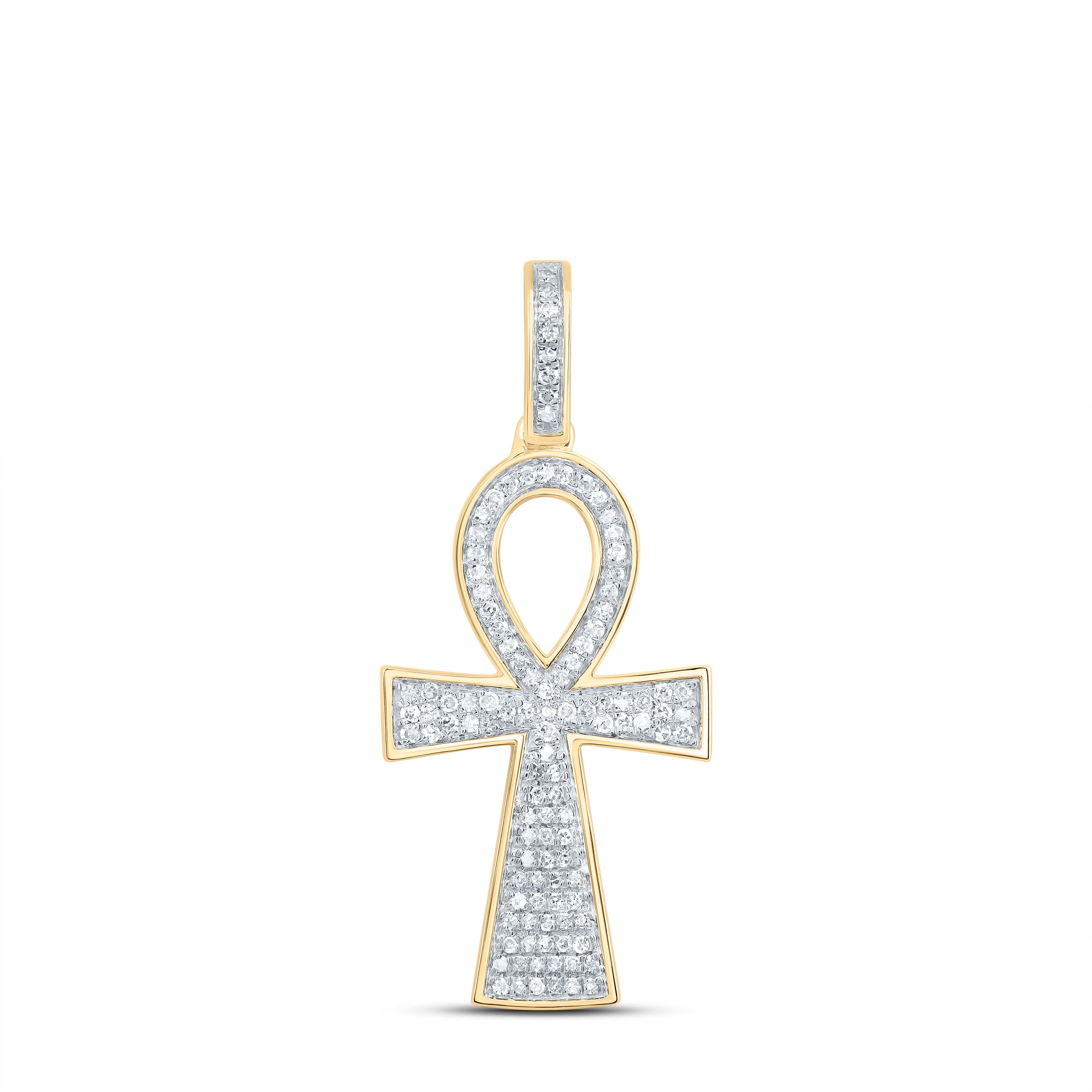 10kt Yellow Gold Mens Round Diamond Ankh Cross Charm Pendant 1/3 Cttw