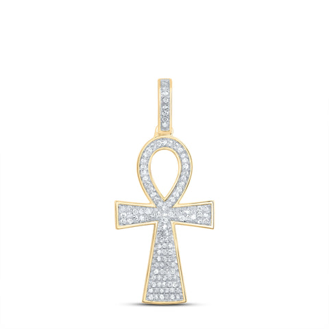 10kt Yellow Gold Mens Round Diamond Ankh Cross Charm Pendant 1/3 Cttw