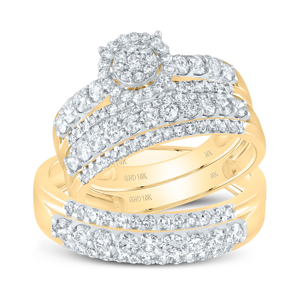 10kt Yellow Gold His Hers Round Diamond Cluster Matching Wedding Set 1-3/4 Cttw