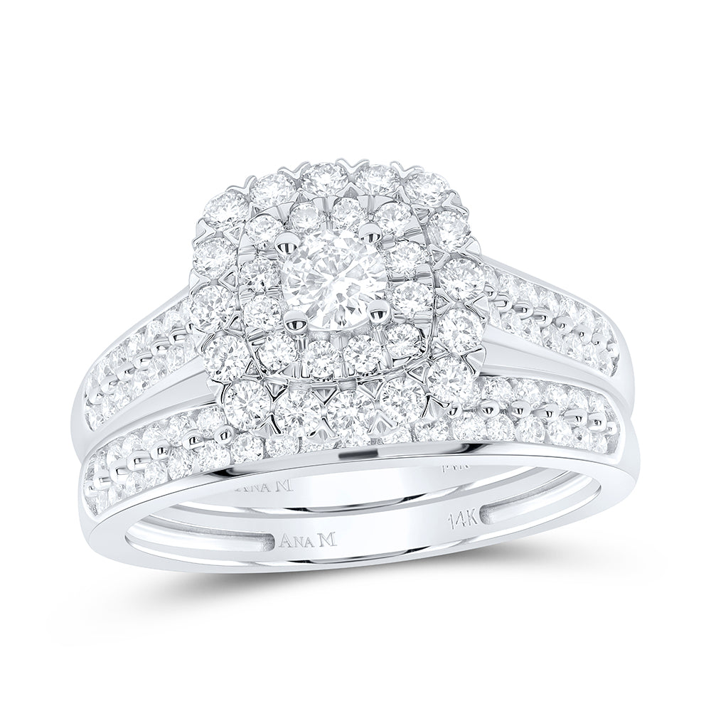 14kt White Gold Round Diamond Halo Bridal Wedding Ring Band Set 1 Cttw