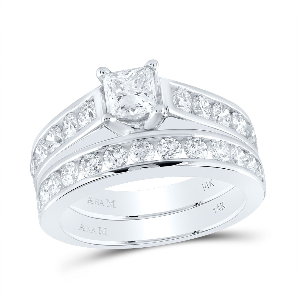14kt White Gold Princess Diamond Bridal Wedding Ring Band Set 2 Cttw
