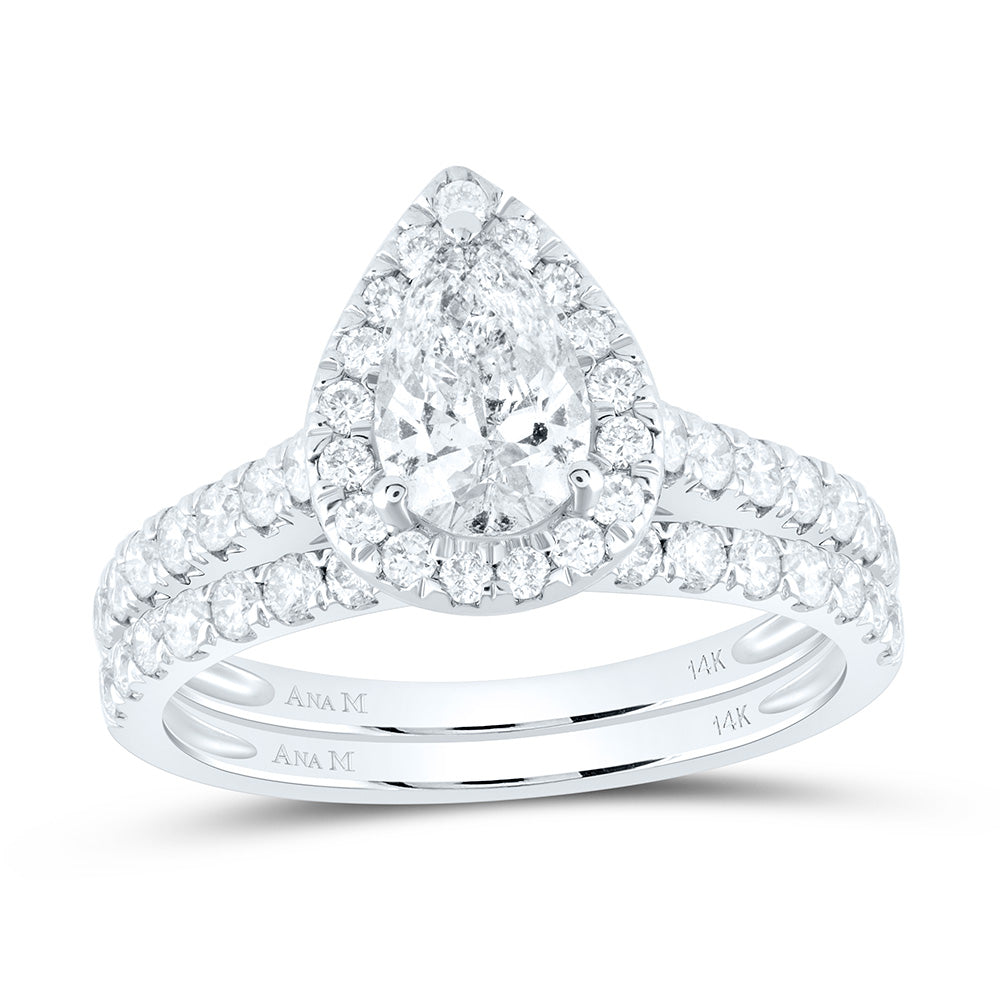 14kt White Gold Pear Diamond Bridal Wedding Ring Band Set 1-1/2 Cttw