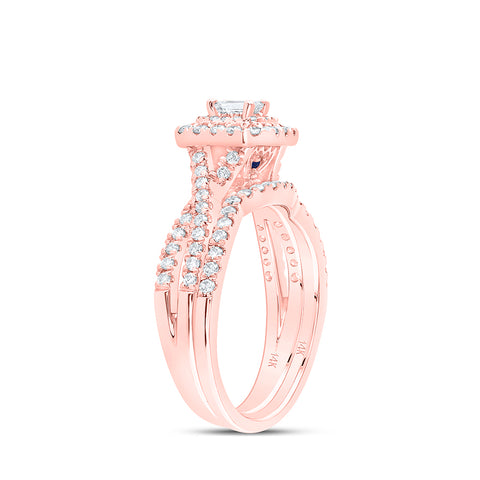 14kt Rose Gold Emerald Diamond Halo Bridal Wedding Ring Band Set 1 Cttw