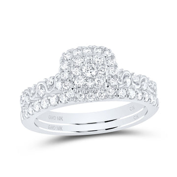 10kt White Gold Round Diamond Square Bridal Wedding Ring Band Set 3/4 Cttw