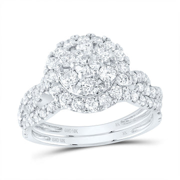10kt White Gold Round Diamond Halo Bridal Wedding Ring Band Set 1-1/2 Cttw