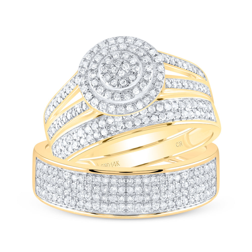14kt Yellow Gold His Hers Round Diamond Cluster Matching Wedding Set 3/4 Cttw