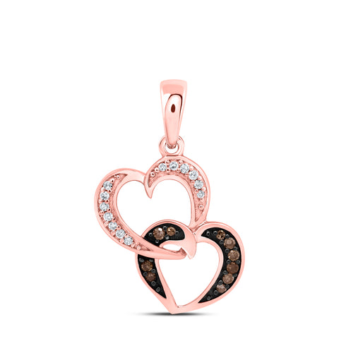 10kt Rose Gold Womens Round Brown Diamond Double Heart Pendant 1/10 Cttw