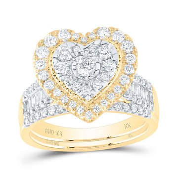 10kt Yellow Gold Round Diamond Heart Bridal Wedding Ring Band Set 1-1/4 Cttw