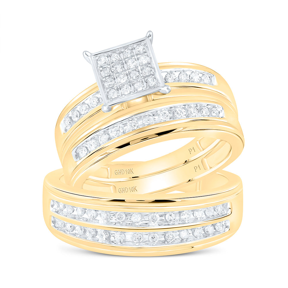 10kt Yellow Gold His Hers Round Diamond Square Matching Wedding Set 1/2 Cttw