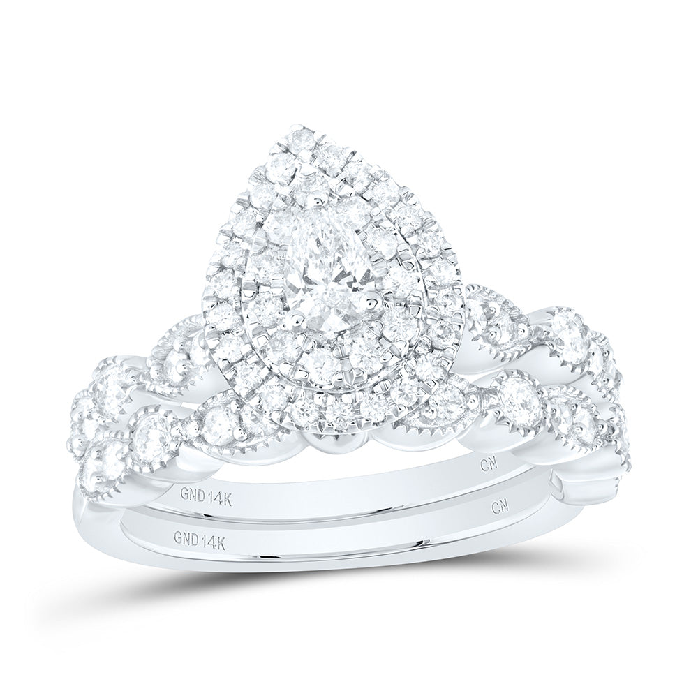 14kt White Gold Pear Diamond Halo Bridal Wedding Ring Band Set 1 Cttw
