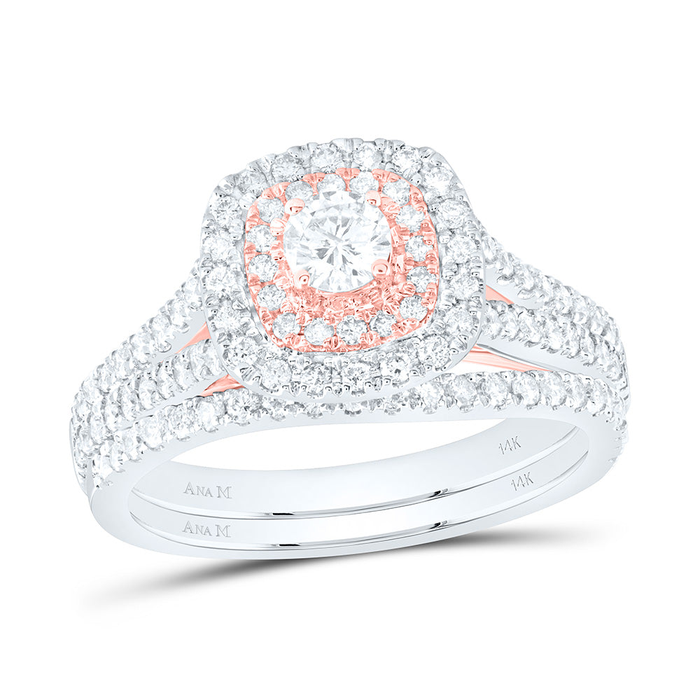 14kt White Gold Round Diamond Halo Bridal Wedding Ring Band Set 1 Cttw