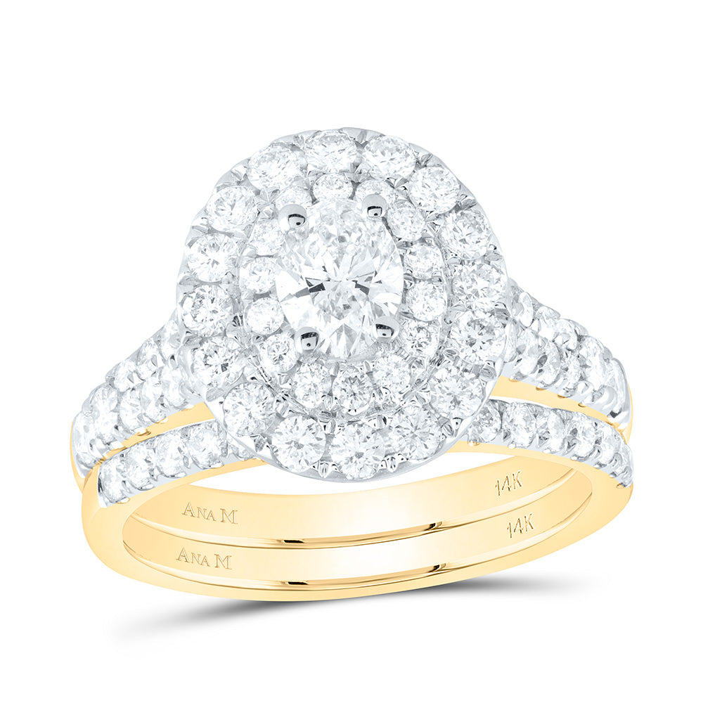 14kt Yellow Gold Oval Diamond Halo Bridal Wedding Ring Band Set 2 Cttw
