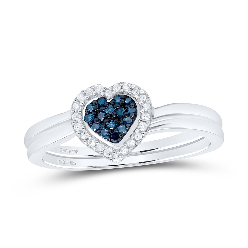 Sterling Silver Womens Round Blue Color Enhanced Diamond Heart Bridal Wedding Set 1/8 Cttw