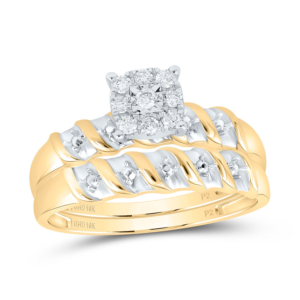 10kt Yellow Gold His Hers Round Diamond Solitaire Matching Wedding Set 1/8 Cttw